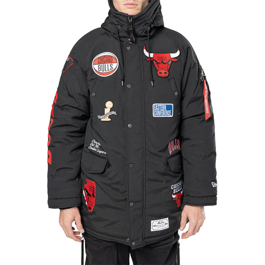 Chicago Bulls New Era Alpha Industries Patch Parka Coat in Black - Front View
