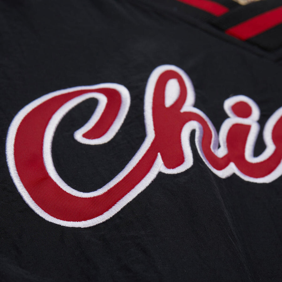 Chicago Bulls Mitchell & Ness V-Neck Scripted Pullover in Black - Chest Embroidery Detail 