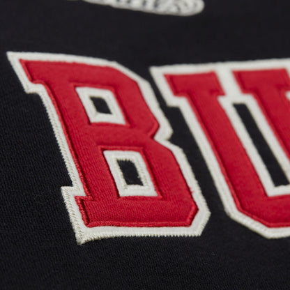 Chicago Bulls Mitchell & Ness Courtside Fleece Hooded Jacket in Black - Chest Embroidered Detail View 