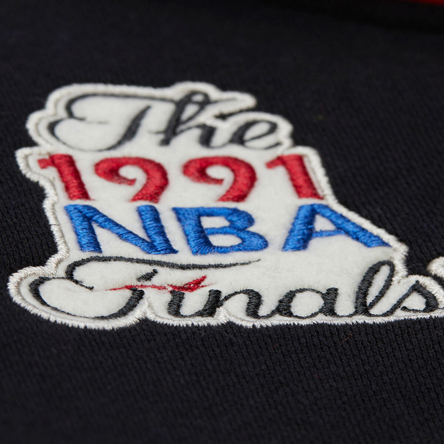 Chicago Bulls Mitchell & Ness Courtside Fleece Hooded Jacket in Black - Chest Embroidered Detail View 