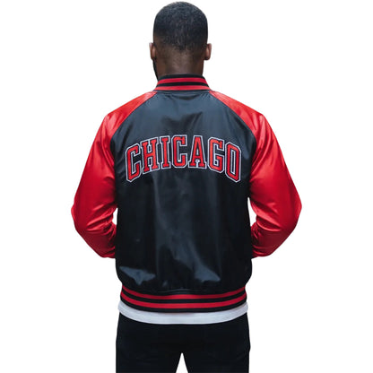 Chicago Bulls 1966 Statement Satin Bomber Jacket in Black - Back View