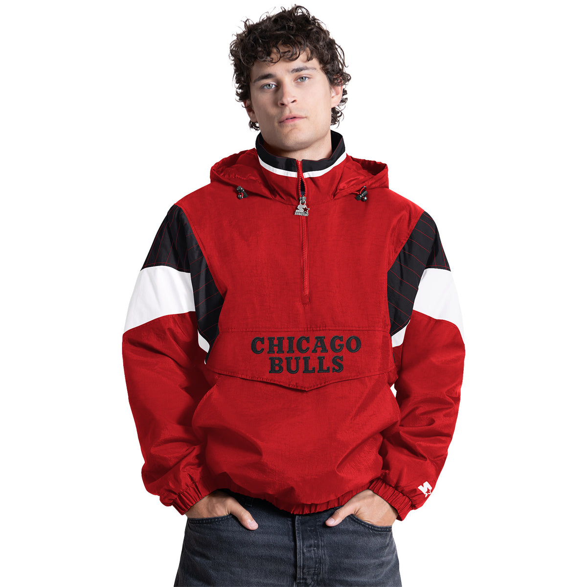 Chicago Bulls Starter Throwback 1/2 Zip Jacket in Red - Front View