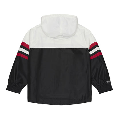 Chicago Bulls Mitchell & Ness Head Coach Anorack 1/2-Zip Jacket in White and Black - Back View