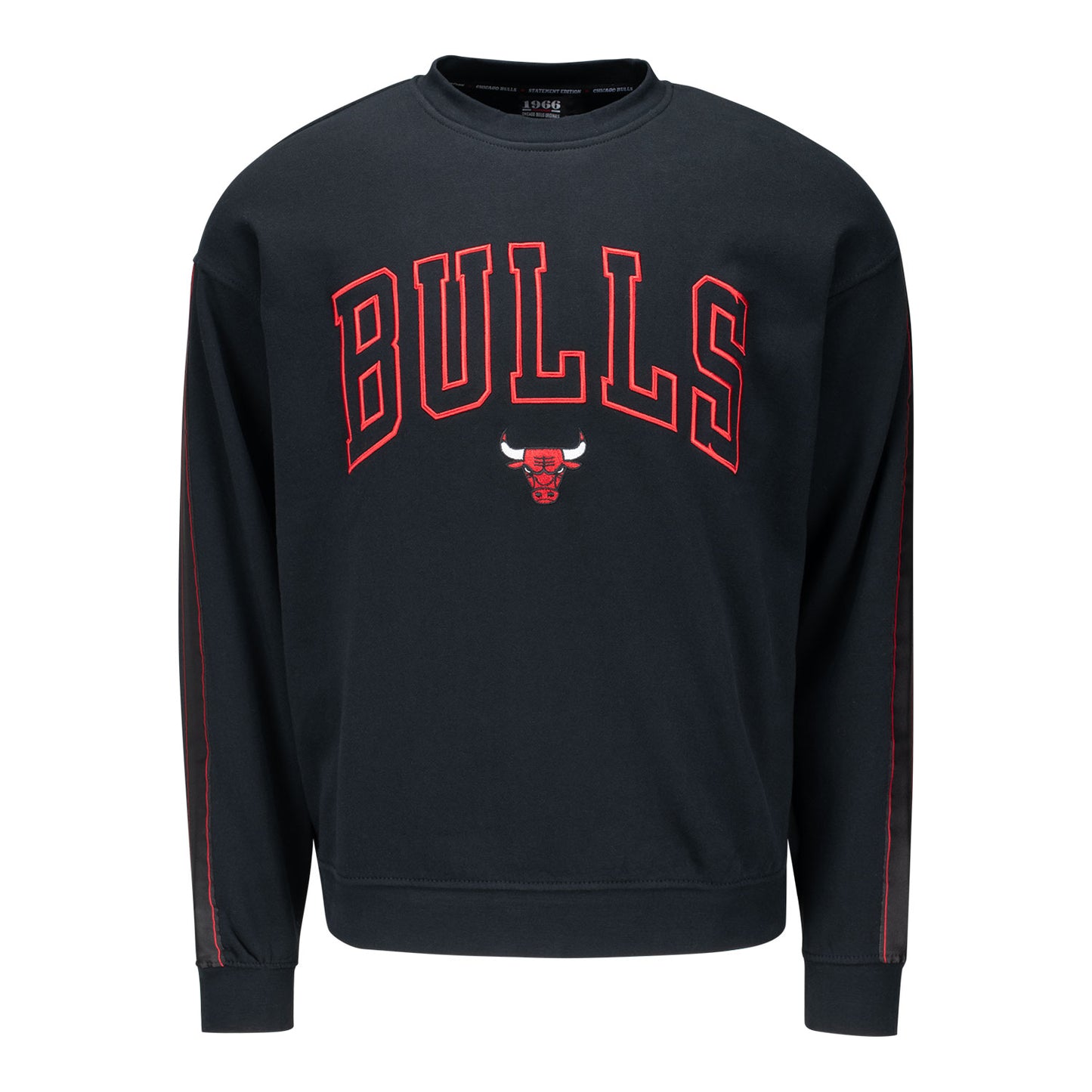Chicago Bulls 1966 Statement Pinstripe Taped Crewneck in Black - Front View