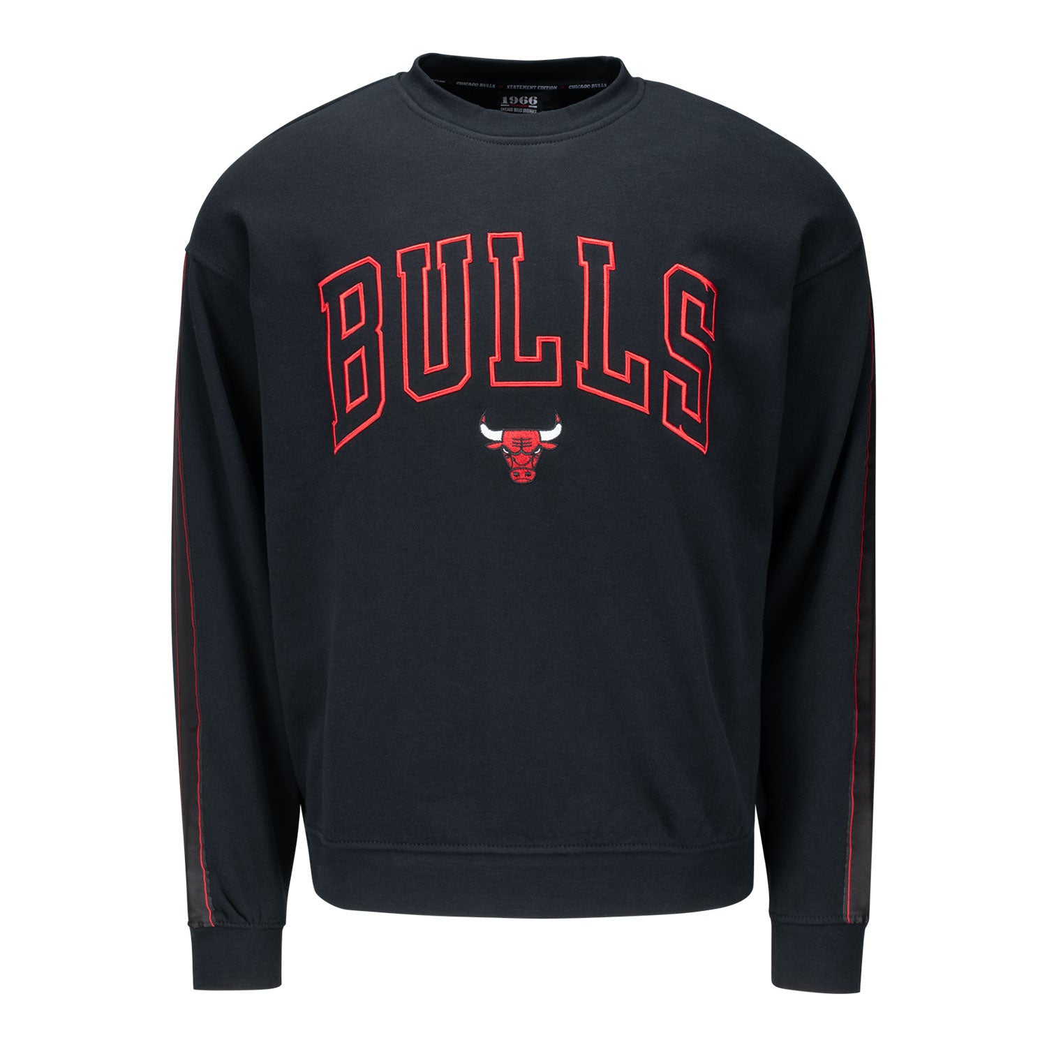 Chicago Bulls 1966 Statement Pinstripe Taped Crewneck in Black - Front View