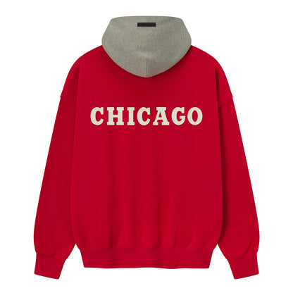 Chicago Bulls Fear of God Essentials Sports Hoodie in Red - Back View