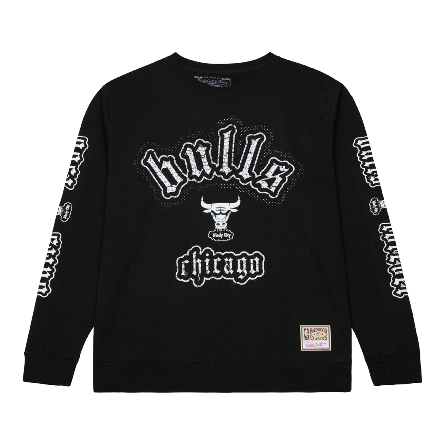 Chicago Bulls Mitchell & Ness Team Play Old English Crewneck Sweatshirt in Black - Front View