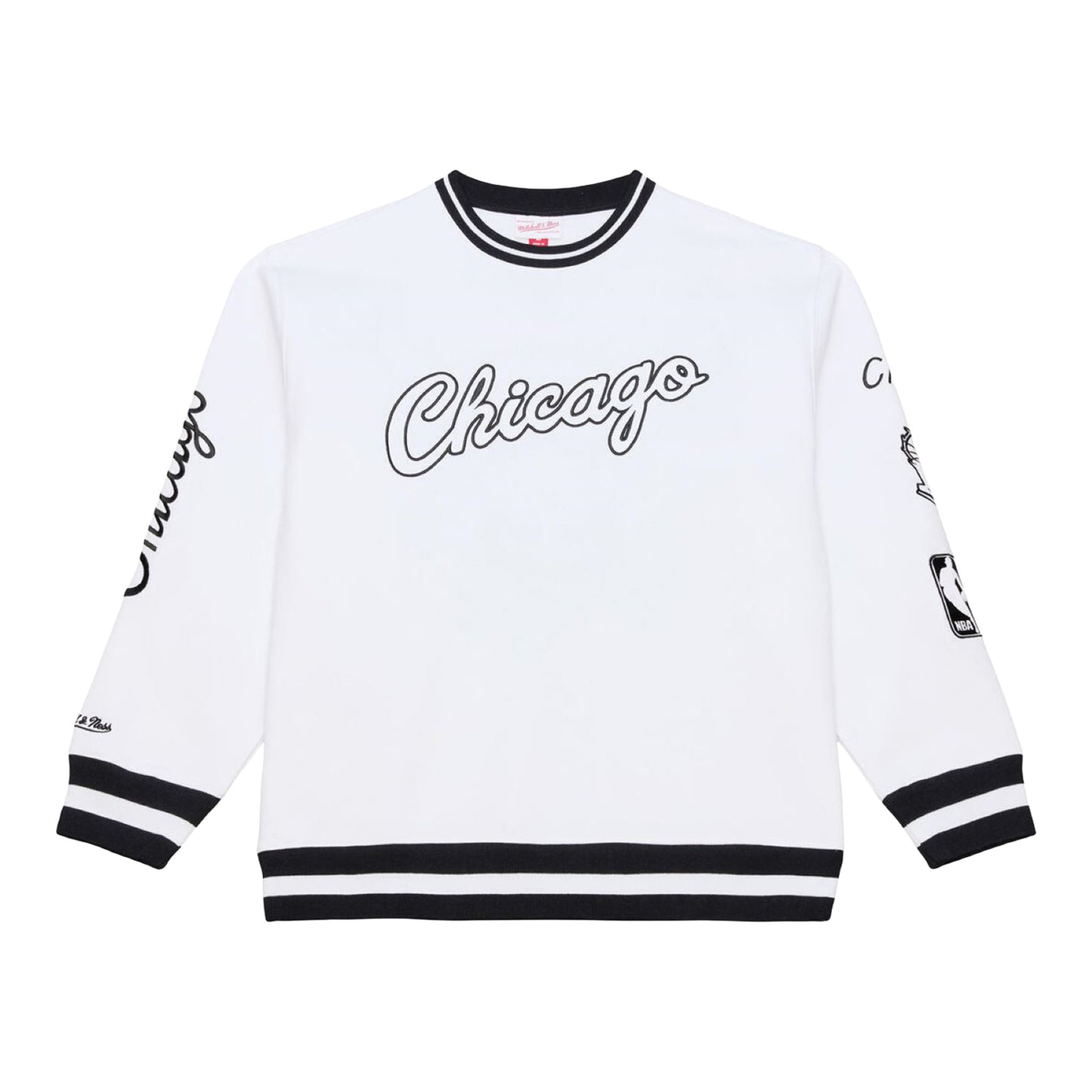 Chicago Bulls Mitchell & Ness Arctic White Crewneck Sweatshirt in White and Black - Front View