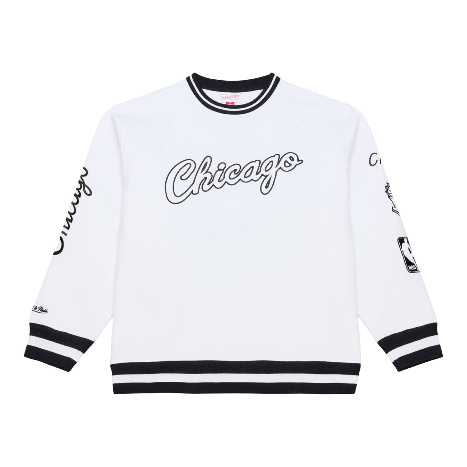 Chicago Bulls Mitchell & Ness Arctic White Crewneck Sweatshirt in White and Black - Front View
