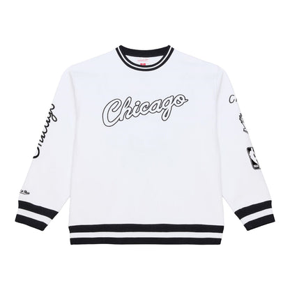 Chicago Bulls Mitchell & Ness Arctic White Crewneck Sweatshirt in White and Black - Front View