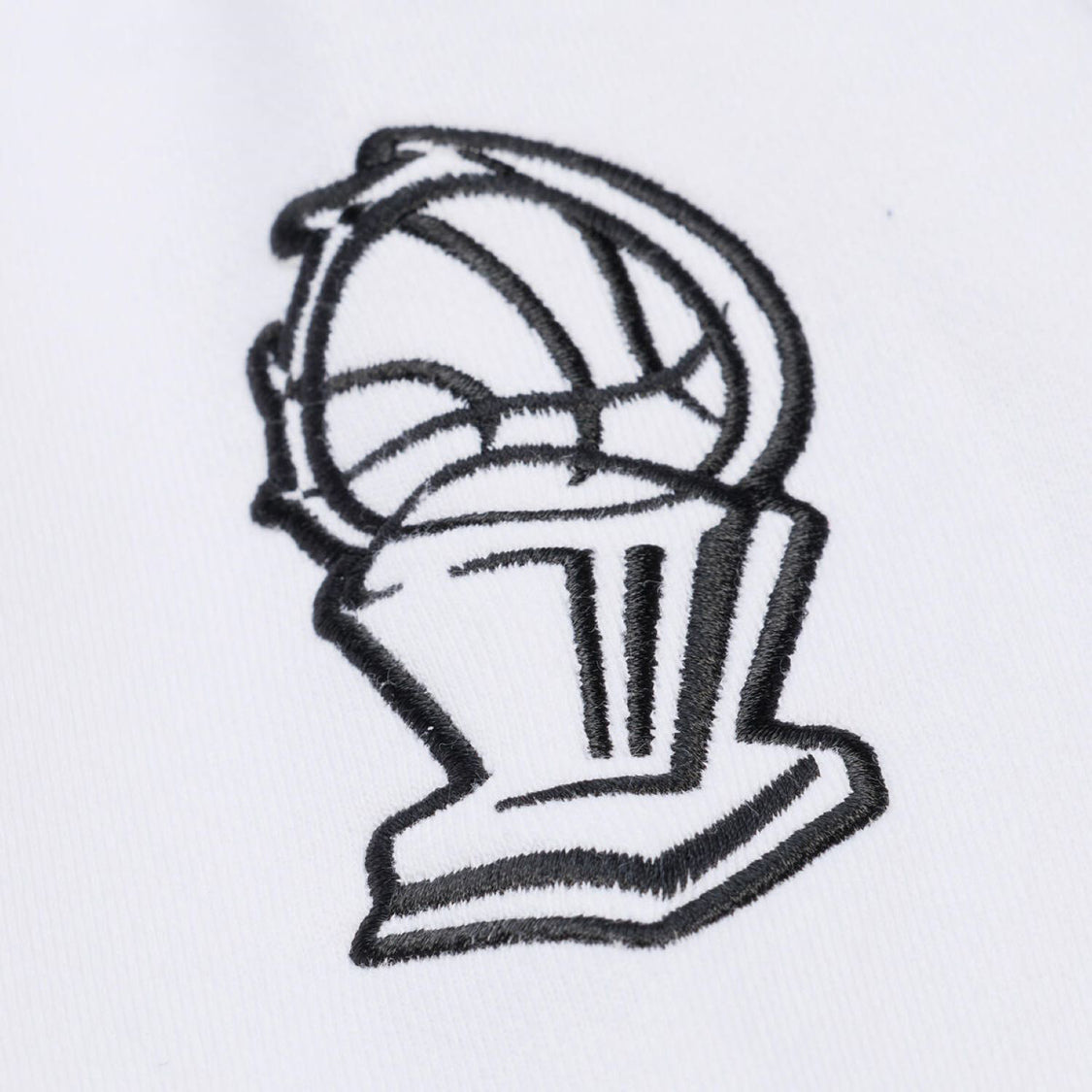 Chicago Bulls Mitchell & Ness Arctic White Crewneck Sweatshirt in White and Black - Embroidered Detail View