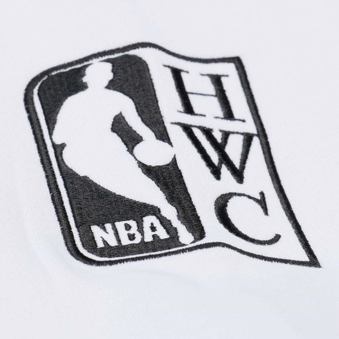 Chicago Bulls Mitchell & Ness Arctic White Crewneck Sweatshirt in White and Black - Embroidered Detail View