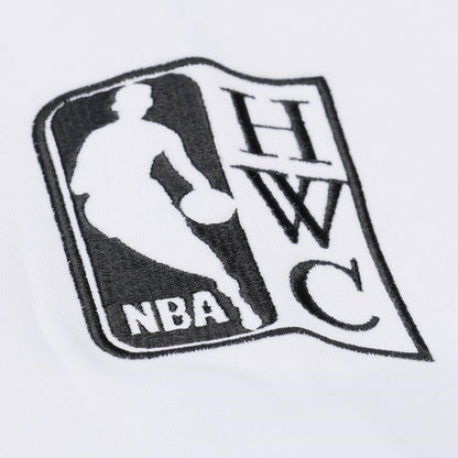 Chicago Bulls Mitchell & Ness Arctic White Crewneck Sweatshirt in White and Black - Embroidered Detail View