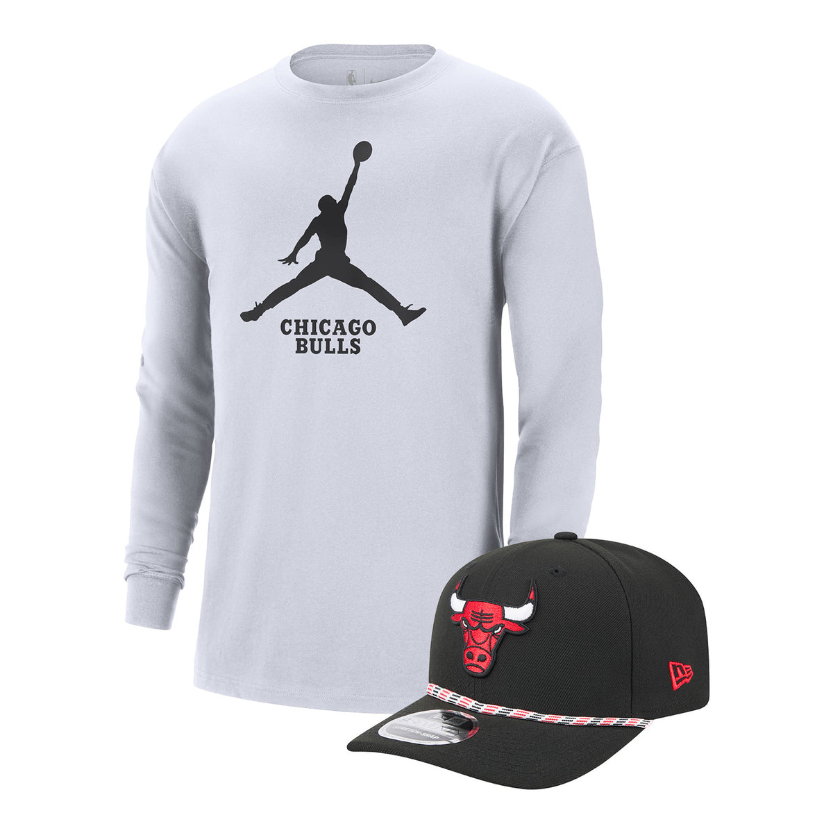 Chicago Bulls Nike Jordan White Long Sleeve T-Shirt & New Era 970 Stretch Snapback Multi Rope Hat Bundle