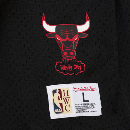 Chicago Bulls Mitchell & Ness '96 Dennis Rodman Mesh Hooded T-Shirt In Black - Tag & Logo View