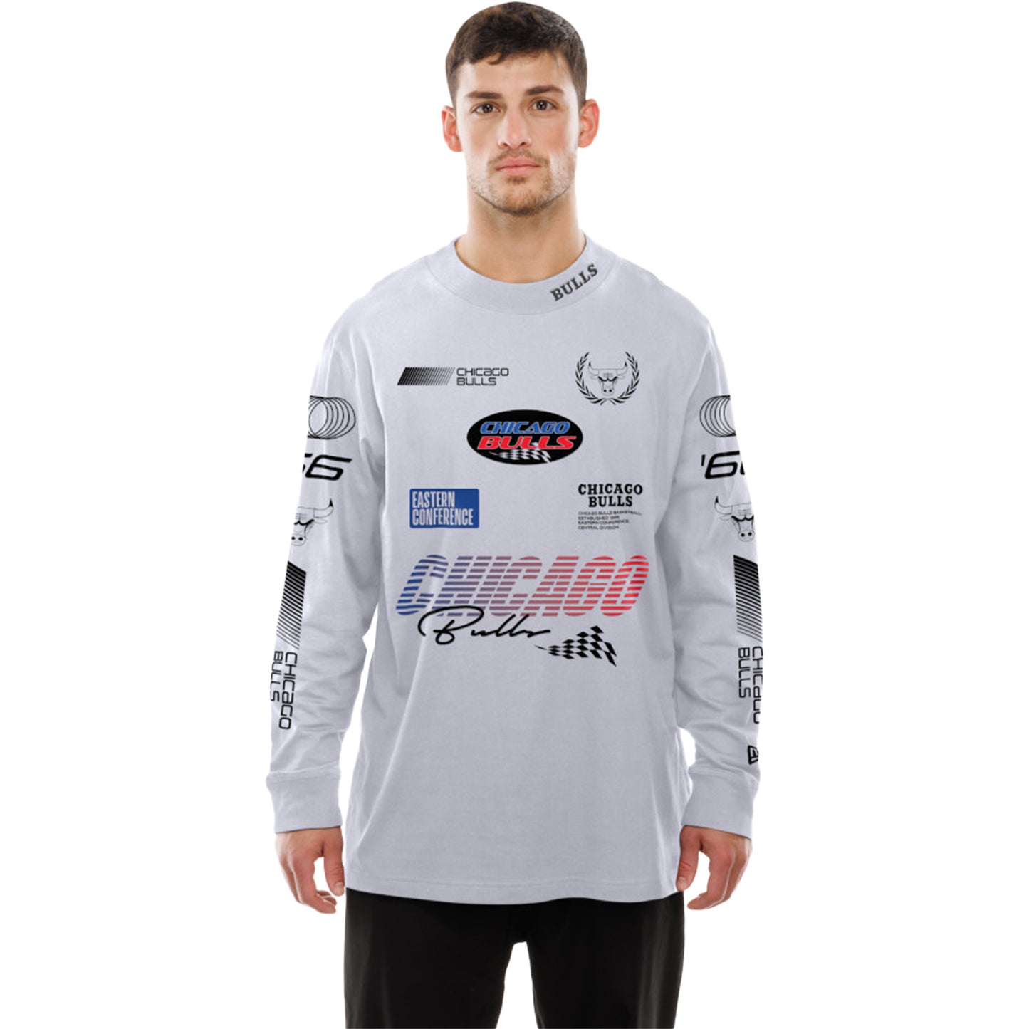 Model Wearing Chicago Bulls New Era Racing White Long Sleeve T-Shirt - Front View