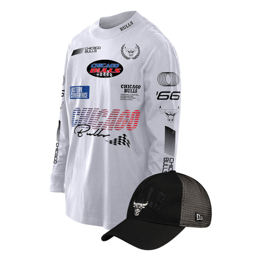 Chicago Bulls New Era Racing White Long Sleeve T-Shirt & New Era A-Frame Adjustable Hat Bundle