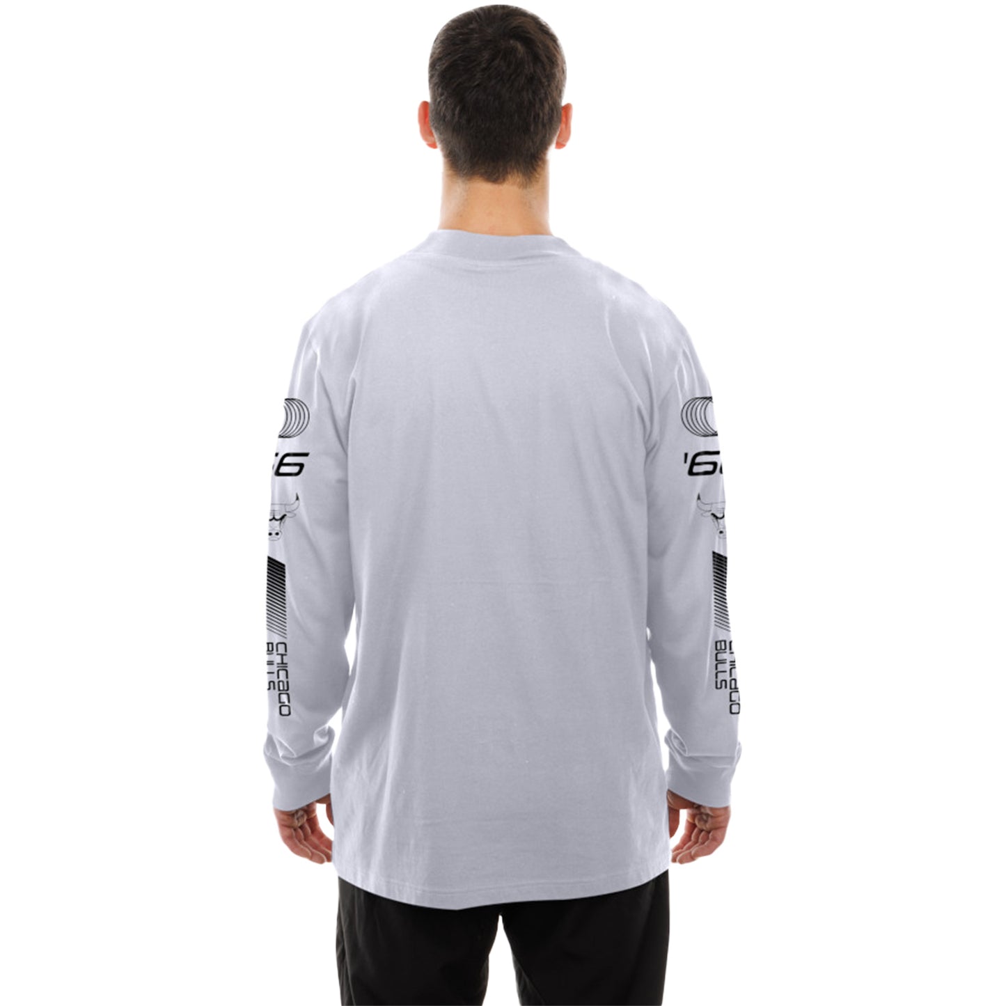 Model Wearing Chicago Bulls New Era Racing White Long Sleeve T-Shirt - Back View