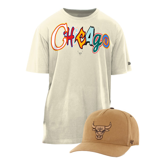 Chicago Bulls New Era Multi-Colored Logo T-Shirt & '47 Brand Adjustable Toffee Hitch Hat Bundle