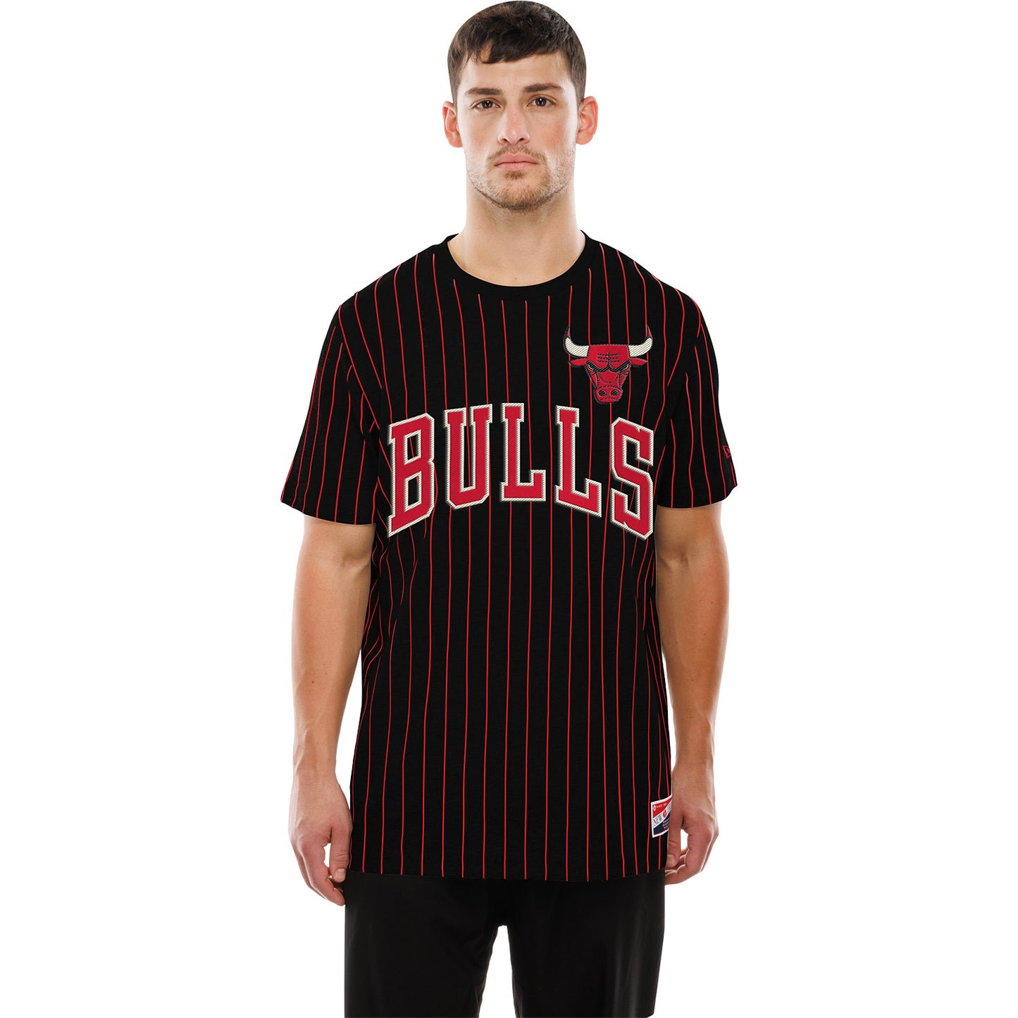 Chicago Bulls New Era Throwback Pinstripe Tee in Black - Front View