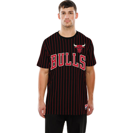 Chicago Bulls New Era Throwback Pinstripe Tee in Black - Front View
