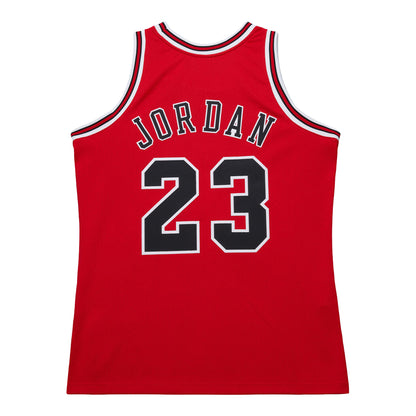 Chicago Bulls Authentic Mitchell & Ness Michael Jordan 1996-97 Away Jersey in Red - Back View
