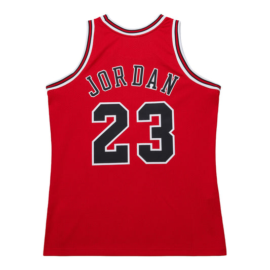 Chicago Bulls Authentic Mitchell & Ness Michael Jordan 1996-97 Away Jersey in Red - Back View