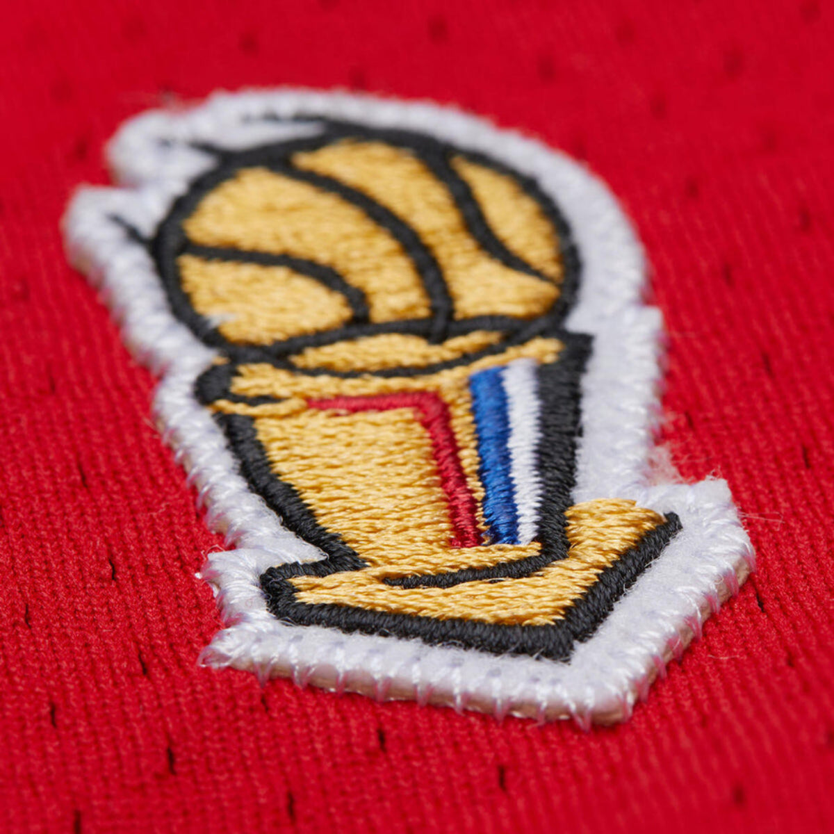 Chicago Bulls Authentic Mitchell & Ness Michael Jordan 1996-97 Away Jersey in Red - Front Embroidery Detail View