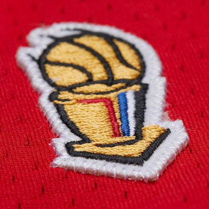 Chicago Bulls Authentic Mitchell & Ness Michael Jordan 1996-97 Away Jersey in Red - Front Embroidery Detail View