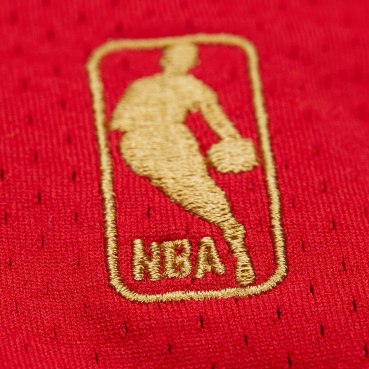 Chicago Bulls Authentic Mitchell & Ness Michael Jordan 1996-97 Away Jersey in Red - Front Embroidery Detail View
