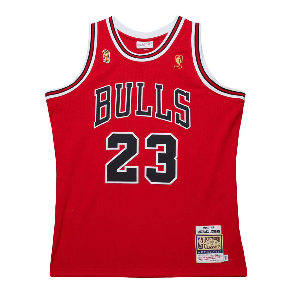 Chicago Bulls Authentic Mitchell & Ness Michael Jordan 1996-97 Away Jersey in Red - Front View