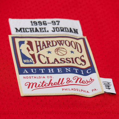 Chicago Bulls Authentic Mitchell & Ness Michael Jordan 1996-97 Away Jersey in Red - Front Patch Detail View