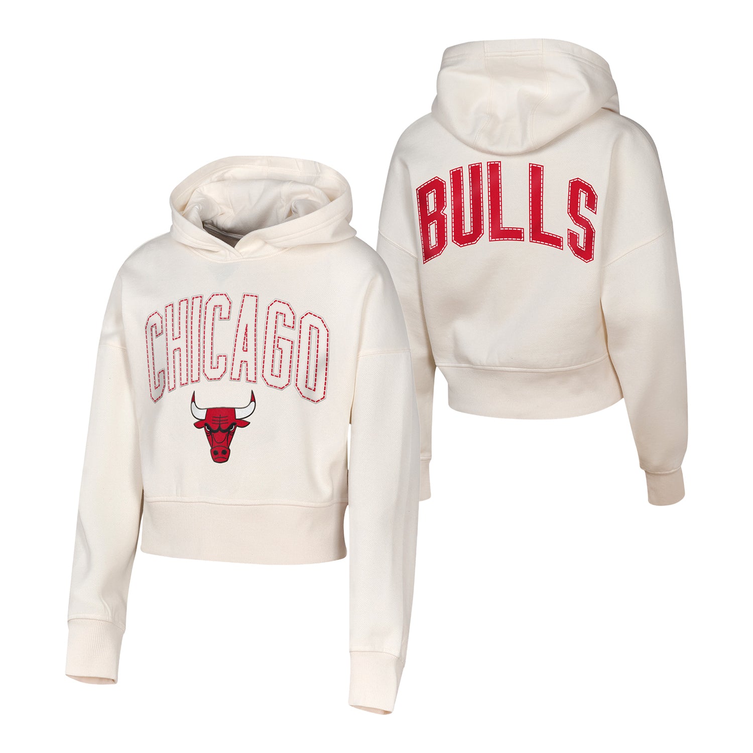 Girls Chicago Bulls Franchise Player Crop Hooded Sweatshirt in White - Front and Back View