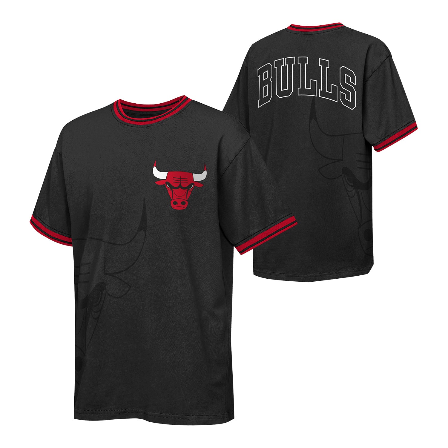 Youth Chicago Bulls Ringer T-Shirt in Black - Front and Back View 