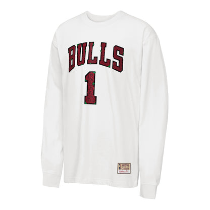 Youth Chicago Bulls Mitchell & Ness Derrick Rose Forever 1 Long Sleeve T-Shirt in white - Front View