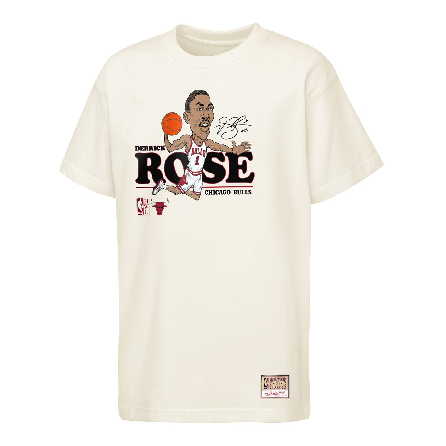 Youth Chicago Bulls Mitchell & Ness Derrick Rose Caricature T-Shirt in White - Front View