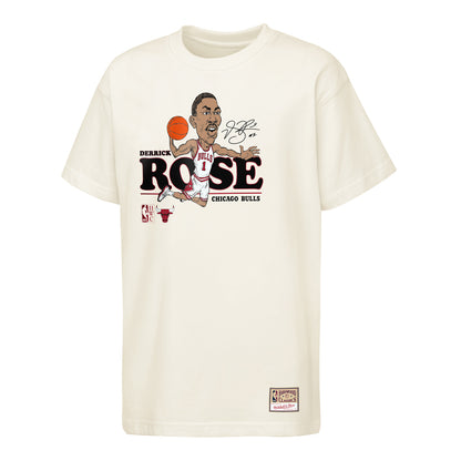 Youth Chicago Bulls Mitchell & Ness Derrick Rose Caricature T-Shirt in White - Front View
