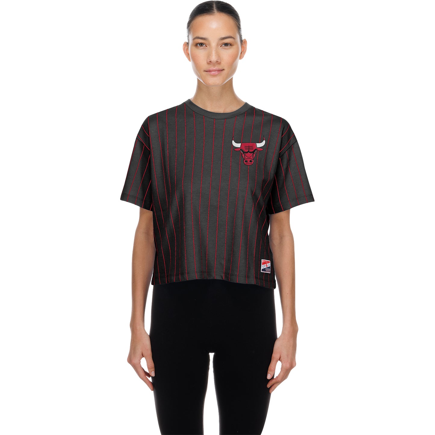 Ladies Chicago Bulls New Era Pinstriped T-Shirt In Black - Front View