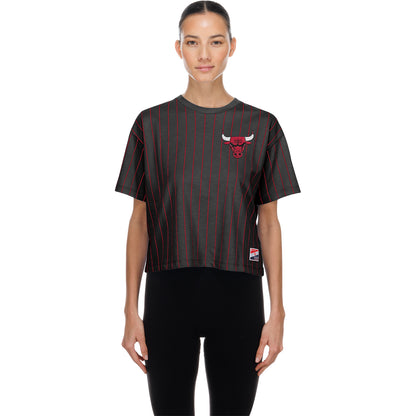 Ladies Chicago Bulls New Era Pinstriped T-Shirt In Black - Front View