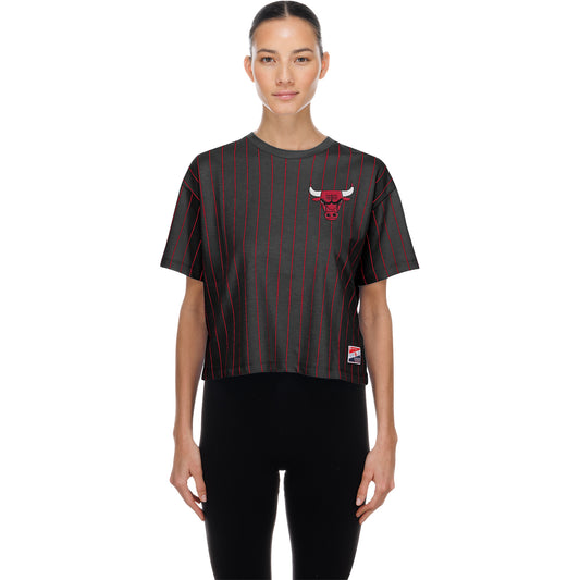 Ladies Chicago Bulls New Era Pinstriped T-Shirt In Black - Front View