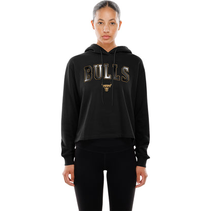 Ladies Chicago Bulls New Era Glam Applique Hooded Sweatshirt in Black - Front View