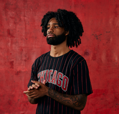 Chicago Bulls 1966 Statement Pinstripe T-Shirt in Black - Front View